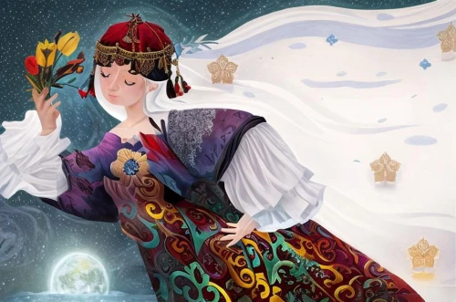 suit of the snow maiden,the snow queen,winter festival,yi sun sin,peking opera,christmas woman,hanbok,white rose snow queen,fortune teller,khokhloma painting,retro christmas lady,fairy tale character,priestess,taiwanese opera,winter dress,rem in arabian nights,oriental princess,traditional costume,ice queen,snow white,Game Scene Design,Game Scene Design,Magical Fantasy