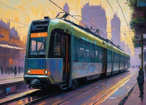 light rail,tram,light rail train,street car,streetcar,tramway,electric train,the lisbon tram,transit,skytrain,tram road,sky train,trolley train,trolley,commute,electric multiple unit,last train,commuter,early train,cablecar,Art,Artistic Painting,Artistic Painting 04