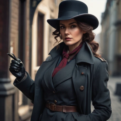 leather hat,black hat,policewoman,detective,victorian lady,vesper,vintage woman,woman holding gun,the hat-female,victorian style,the hat of the woman,trench coat,femme fatale,vintage fashion,brown hat,spy,woman in menswear,retro woman,victorian fashion,vintage women