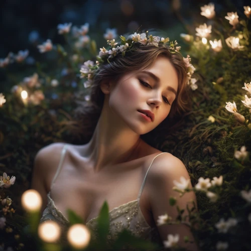 fairy lights,faery,girl in a wreath,faerie,the sleeping rose,fairy queen,scent of jasmine,romantic portrait,enchanting,mystical portrait of a girl,beautiful girl with flowers,the night of kupala,girl in flowers,scent of roses,garland of lights,lights serenade,fairy,flower fairy,garden fairy,enchanted,Photography,General,Cinematic