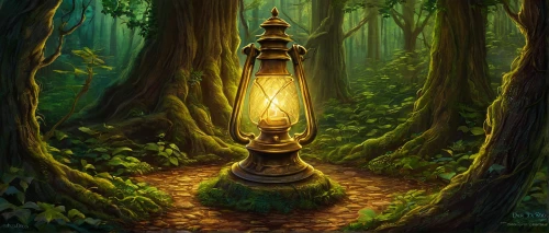 lantern,forest path,illuminated lantern,gas lamp,druid grove,forest background,elven forest,oil lamp,lamplighter,the mystical path,tree torch,searchlamp,game illustration,enchanted forest,world digital painting,lamppost,kerosene lamp,forest landscape,light post,lamp,Conceptual Art,Daily,Daily 04