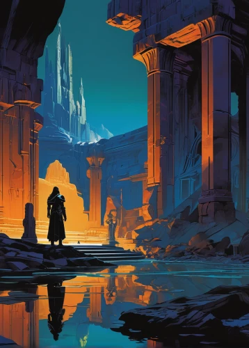 ancient city,the ancient world,ancient,the ruins of the,guards of the canyon,cg artwork,ruins,karnak,sci fiction illustration,concept art,heroic fantasy,imperial shores,necropolis,neo-stone age,futuristic landscape,pilgrimage,atlantis,petra,hall of the fallen,detail shot,Conceptual Art,Sci-Fi,Sci-Fi 23