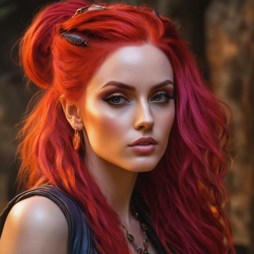 clary,red-haired,red skin,red hair,fae,ariel,redhair,fiery,red head,burning hair,faery,fire angel,romantic look,scarlet witch,rock beauty,digital painting,fantasy portrait,mohawk hairstyle,fire heart,harley,Illustration,Realistic Fantasy,Realistic Fantasy 32