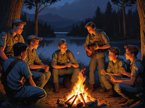 boy scouts of america,boy scouts,scouts,campfire,campfires,campers,camp fire,forest workers,outdoor recreation,pathfinders,scout,camping,girl scouts of the usa,eagle scout,men sitting,fishing camping,bushcraft,sportsmen,camping equipment,american frontier,Illustration,American Style,American Style 01