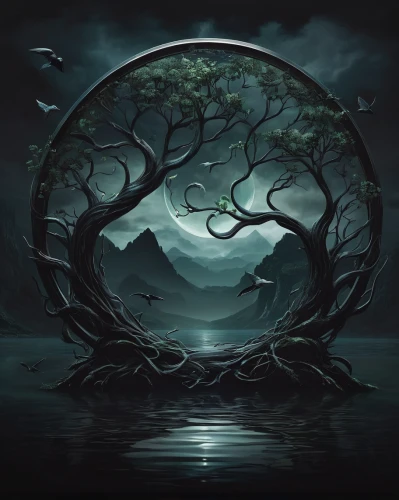 circle around tree,fantasy landscape,fantasy picture,celtic tree,tree of life,world digital painting,hanging moon,moonlit night,fantasy art,sacred fig,magic tree,crescent moon,the branches of the tree,mirror of souls,landscape background,moonlit,mother earth,isolated tree,the japanese tree,tree thoughtless,Conceptual Art,Fantasy,Fantasy 34