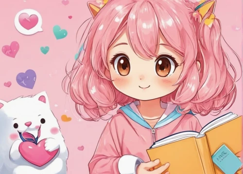 fluffy diary,kawaii,kawaii pig,nyan,kawaii girl,pink scrapbook,heart pink,cute heart,kawaii animals,tutor,precious,girl studying,bookworm,bulli,cocoa,cat ears,heart with crown,anime girl,honmei choco,cheering,Illustration,Japanese style,Japanese Style 01