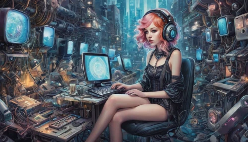 girl at the computer,transistor,cyberpunk,cyberspace,computer,computer art,computer addiction,cyber,internet addiction,cybernetics,trip computer,telephone operator,computer freak,virtual world,streampunk,dystopia,sci fiction illustration,world digital painting,transistor checking,barebone computer,Illustration,Abstract Fantasy,Abstract Fantasy 11