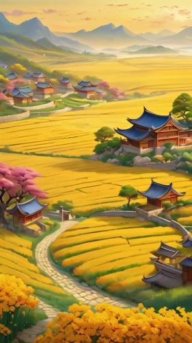 japan landscape,yamada's rice fields,japanese sakura background,korean folk village,landscape background,south korea,the valley of flowers,sakura background,rice fields,japanese background,beautiful japan,rural landscape,rice terrace,japanese floral background,blooming field,home landscape,oriental painting,ricefield,spring in japan,springtime background,Illustration,Realistic Fantasy,Realistic Fantasy 01