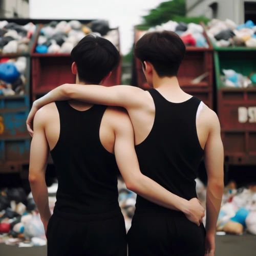 gay couple,gay love,sleeveless shirt,garbage collector,yun niang fresh in mind,cola bottles,twin towers,wrestlers,muscles,boyfriends,dualism,superfruit,mannequins,jumpsuit,couple,photo session in torn clothes,kimjongilia,wrestling singlet,fighting,mirroring