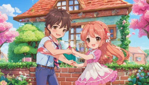 girl and boy outdoor,hands holding,hiyayakko,hand in hand,spring background,heart in hand,playing outdoors,flower delivery,holding flowers,proposal,helping hand,romantic scene,tsumugi kotobuki k-on,floral greeting,little boy and girl,springtime background,together and happy,brick background,boy and girl,honmei choco,Illustration,Japanese style,Japanese Style 02