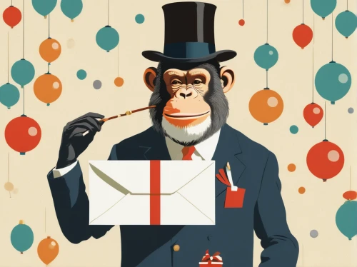 greetting card,birthday card,new year vector,balloon envelope,greeting card,ringmaster,bellboy,concierge,postcard for the new year,waiter,conductor,modern christmas card,email marketing,new year clipart,new year's greetings,parcel post,circus animal,greeting cards,gift tag,chimp,Illustration,Retro,Retro 15