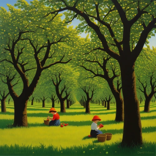 tree grove,forest workers,walnut trees,happy children playing in the forest,ash-maple trees,cherry trees,orchard,orchards,cartoon forest,green trees,picnic,grove of trees,row of trees,meadow play,green meadow,apple trees,apple orchard,orchard meadow,forest ground,deciduous forest,Art,Artistic Painting,Artistic Painting 30