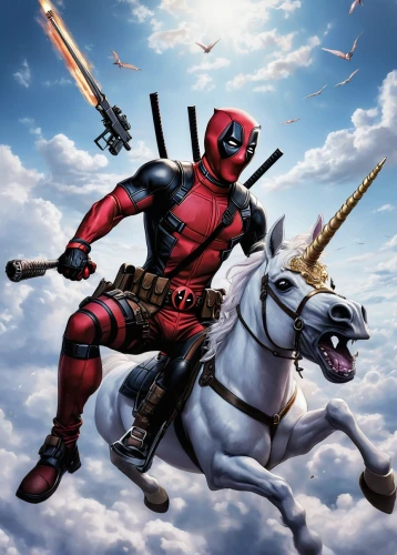 deadpool,dead pool,sagittarius,daredevil,heroic fantasy,marvel comics,crossbones,jousting,horseman,digital compositing,red super hero,god of thunder,beagador,matador,cancer icon,comic hero,cartoon ninja,samurai,superhero background,thundercat,Illustration,Abstract Fantasy,Abstract Fantasy 14