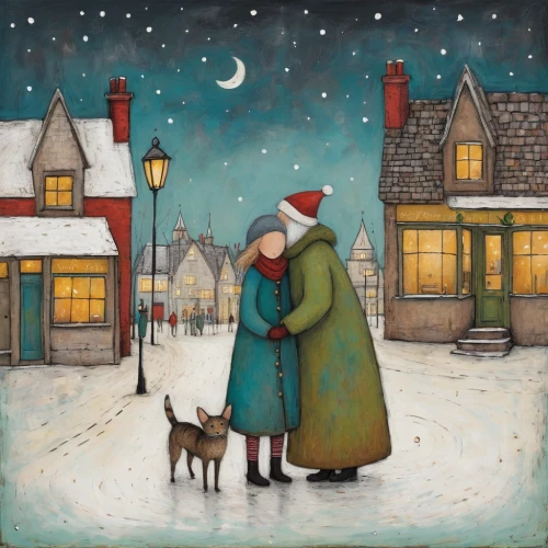 christmas landscape,santa and girl,carol colman,christmas scene,old couple,modern christmas card,snow scene,christmas snowy background,christmas cards,candlemas,carol singers,girl with dog,fox and hare,the occasion of christmas,third advent,boy and dog,christmas snow,the snow falls,christmas greeting,christmas carol,Art,Artistic Painting,Artistic Painting 49