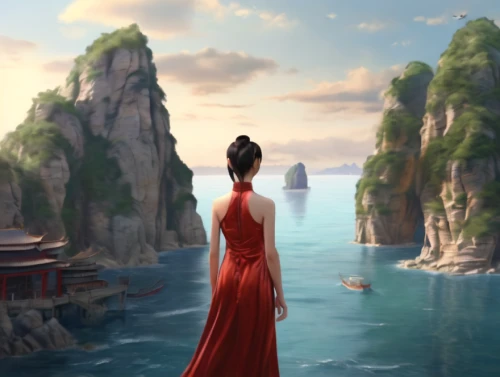 mulan,fantasy picture,world digital painting,the endless sea,girl in a long dress from the back,landscape background,chinese background,way of the roses,the horizon,imperial shores,girl in a long dress,cg artwork,fantasy landscape,fantasia,chinese art,forbidden palace,fantasy art,moana,exploration of the sea,voyage
