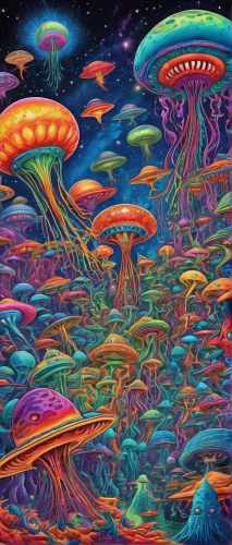 mushroom landscape,psychedelic art,mushrooms,psychedelic,alien world,mushroom island,lsd,hallucinogenic,alien planet,kaleidoscopic,ufo interior,cubensis,acid lake,ufos,fairy world,acid,fairy galaxy,dimensional,kaleidoscope,coral reef,Illustration,Realistic Fantasy,Realistic Fantasy 39