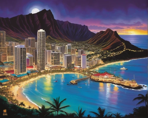 diamond head,honolulu,waikiki beach,hawaii,napali,oahu,hnl,napali coast,south pacific,antilles,canary islands,bora-bora,guam,southern island,the caribbean,blue hawaii,seaside resort,harbour city,ocean paradise,south seas,Conceptual Art,Oil color,Oil Color 09