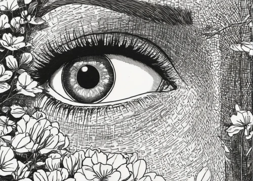 eyes line art,women's eyes,pointillism,ox-eye daisy,pen drawing,peacock eye,irises,zentangle,illustration of the flowers,flower drawing,floral doodles,hand-drawn illustration,eye,book illustration,eyeball,flower illustrative,rosebushes,pupil,detail shot,girl in flowers,Illustration,Black and White,Black and White 10