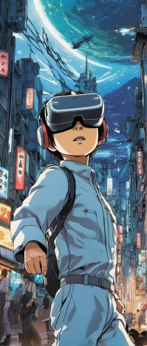 cyber glasses,anime 3d,cartoon ninja,2d,vr headset,visor,vr,cyberpunk,matsuno,would a background,osaka,virtual world,tokyo city,studio ghibli,3d man,noodle image,sega,剣岳,sakana,futuristic,Illustration,Japanese style,Japanese Style 14