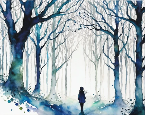 watercolor background,winter forest,winter background,forest background,winterblueher,girl with tree,watercolor painting,watercolor blue,forest walk,watercolor tree,forest of dreams,ballerina in the woods,watercolor paint,the snow queen,the forest,silhouette art,watercolor,enchanted forest,the woods,winter dream,Illustration,Paper based,Paper Based 20