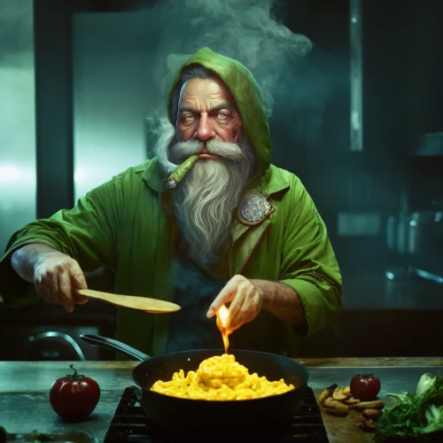dwarf cookin,cooking book cover,men chef,chef,cookery,photoshop manipulation,red cooking,scared santa claus,digital compositing,the wizard,conceptual photography,mystic light food photography,food and cooking,wizard,photo manipulation,cooking vegetables,candlemaker,father christmas,shopkeeper,sci fiction illustration