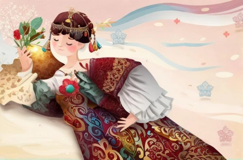 hanbok,oriental princess,woman eating apple,mukimono,retro christmas lady,ao dai,traditional costume,oriental girl,folk costume,russian folk style,rem in arabian nights,winter festival,suit of the snow maiden,christmas woman,folk costumes,winter dress,fairy tale character,spring festival,woman with ice-cream,geisha girl,Game Scene Design,Game Scene Design,Freehand Style