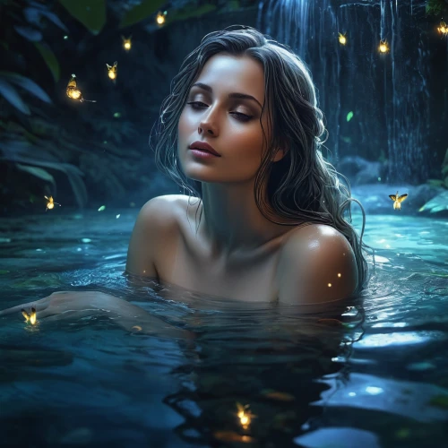 water nymph,fireflies,underwater oasis,the night of kupala,world digital painting,mystical portrait of a girl,immersed,fantasy picture,water pearls,the blonde in the river,wishing well,underwater background,thermal spring,fantasy portrait,faery,siren,fantasy art,girl on the river,watery heart,in water,Illustration,Paper based,Paper Based 02