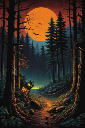 game illustration,haunted forest,cartoon video game background,forest background,halloween illustration,spruce forest,forest landscape,cartoon forest,forest road,sci fiction illustration,cd cover,forest dark,wilderness,halloween background,the forest,night scene,autumn forest,hollow way,forest fire,the woods,Illustration,American Style,American Style 07