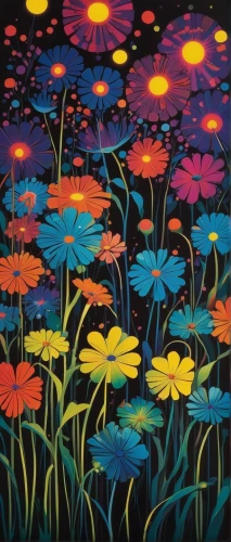 flower painting,water lilies,pond flower,fireflies,floral rangoli,cosmos field,sea of flowers,glass painting,glow in the dark paint,flower field,blanket of flowers,flower carpet,flower art,field of flowers,flower meadow,bright flowers,lily pond,lily pads,flowers field,blue daisies,Illustration,Vector,Vector 09