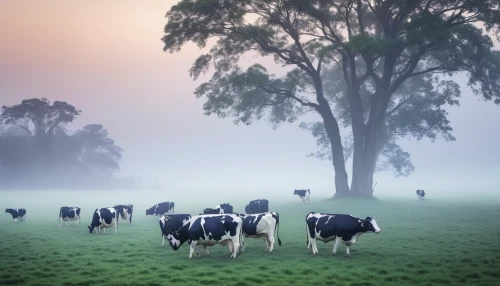 holstein cattle,dairy cows,cows on pasture,australian mist,dairy cattle,milk cows,cows,cow herd,heifers,foggy landscape,holstein cow,holstein-beef,dairy cow,morning mist,two cows,ears of cows,pasture,young cattle,livestock farming,bovine,Conceptual Art,Oil color,Oil Color 02