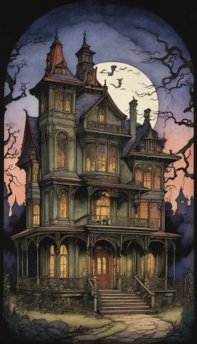 the haunted house,witch's house,haunted house,witch house,victorian house,house silhouette,haunted castle,victorian,halloween illustration,doll's house,ghost castle,halloween poster,halloween scene,two story house,halloween background,creepy house,halloween and horror,houses clipart,victorian style,magic castle,Illustration,Retro,Retro 19