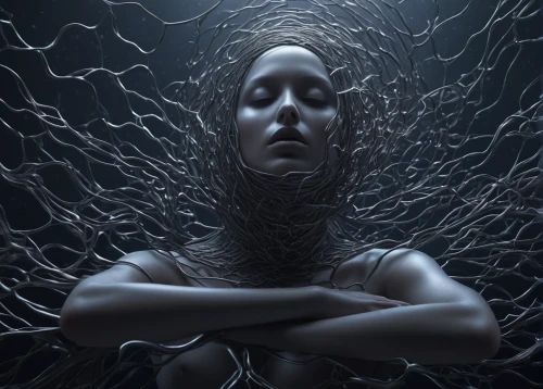 psyche,siren,immersed,apophysis,biomechanical,dark art,sci fiction illustration,humanoid,emergence,tendrils,meridians,coil,medusa,mystical portrait of a girl,photo manipulation,turmoil,submerge,bottlenose,neural,numbness,Photography,Artistic Photography,Artistic Photography 11