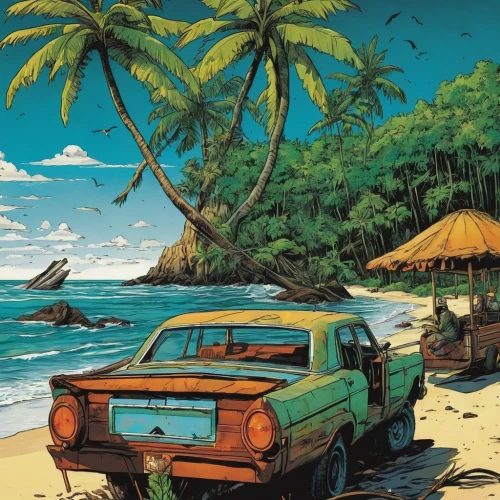 classic car and palm trees,cuba background,aloha,travel poster,tropical beach,oahu,tropics,jamaica,palmtrees,luau,dream beach,bora-bora,vanagon,pacific,south pacific,cuba beach,isle,brazilian beach,beach landscape,retro vehicle,Illustration,American Style,American Style 08