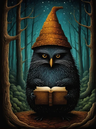 reading owl,boobook owl,witch's hat icon,nocturnal bird,witch hat,scandia gnome,witch broom,the wizard,witch's hat,book illustration,owl,gnome,wizard,fairy tale character,cat sparrow,forest animal,owl nature,magic book,halloween illustration,owl-real,Illustration,Abstract Fantasy,Abstract Fantasy 19