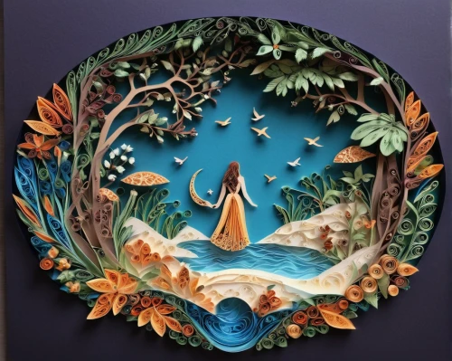 water lily plate,decorative plate,mermaid background,wall decoration,wall decor,wooden plate,nursery decoration,fairy tale icons,tapestry,mother earth,aquarium decor,wall plate,water nymph,wall painting,canoe,hand-painted,decorative art,tea tin,wood art,wall art,Unique,Paper Cuts,Paper Cuts 09