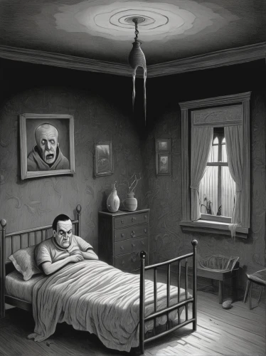 the little girl's room,frankenweenie,children's bedroom,sleeping room,bad dream,boy's room picture,insomnia,bedroom,sci fiction illustration,surrealism,children's room,a dark room,the room,surrealistic,creepy,psychotherapy,pencil drawings,cuckoo clock,photo manipulation,attic,Illustration,Black and White,Black and White 22