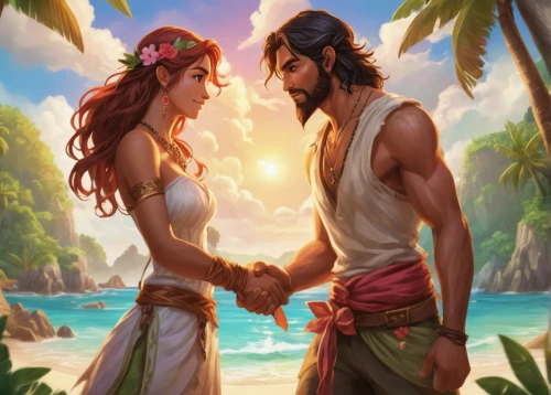 adam and eve,moana,romantic scene,honeymoon,cg artwork,fantasy picture,beach background,beautiful couple,romantic portrait,game illustration,garden of eden,loving couple sunrise,lover's beach,couple goal,luau,coconuts on the beach,flotsam and jetsam,tahiti,island residents,tropical sea,Conceptual Art,Fantasy,Fantasy 31