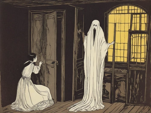 halloween ghosts,ghost girl,nightgown,ghosts,halloween illustration,the ghost,haunted,haunting,ghost,witch house,haunt,ghostly,vintage halloween,ghost catcher,the girl in nightie,dance of death,vintage illustration,halloween scene,halloween and horror,penumbra,Illustration,Japanese style,Japanese Style 21
