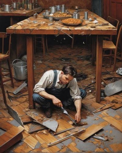 parquet,meticulous painting,sculptor ed elliott,jigsaw puzzle,spilt coffee,metalsmith,italian painter,tinsmith,mess in the kitchen,craftsman,debris,silversmith,clay floor,kitchen table,home destruction,potter's wheel,shoemaking,craftsmen,pottery,shoemaker,Illustration,Realistic Fantasy,Realistic Fantasy 05