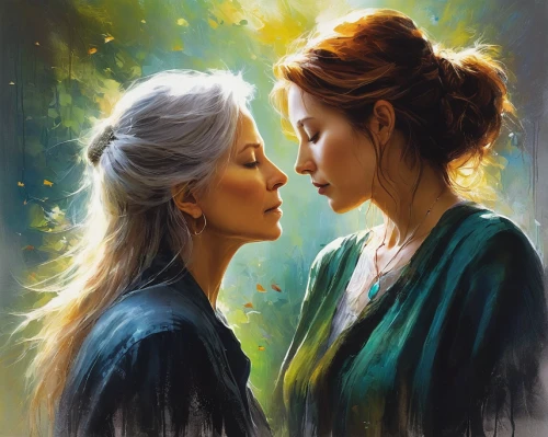 romantic portrait,celtic woman,oil painting on canvas,fantasy portrait,fantasy art,fantasy picture,cg artwork,mother and daughter,oil painting,games of light,artists of stars,romantic scene,the annunciation,tangled,princesses,sun and moon,mother kiss,swath,throughout the game of love,star mother,Conceptual Art,Daily,Daily 32