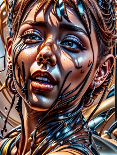 tears bronze,symetra,water nymph,cyborg,biomechanical,valerian,digital art,digital artwork,siren,sci fiction illustration,fantasy art,world digital painting,digiart,gold paint stroke,fantasy portrait,bodypaint,painted lady,sirens,comic style,dryad