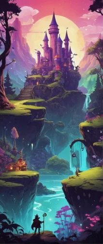 mushroom landscape,fantasy landscape,fairy village,cartoon video game background,mushroom island,fairy world,background screen,purple landscape,backgrounds,3d fantasy,game art,fantasy world,art background,game illustration,background image,children's background,background with stones,musical background,futuristic landscape,fairy forest,Illustration,Paper based,Paper Based 27