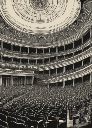 old opera,musical dome,royal albert hall,oval forum,theatre stage,theatre,opera house,ancient theatre,smoot theatre,theater stage,semper opera house,theater curtain,theatrical property,immenhausen,atlas theatre,panopticon,theatre curtains,amphitheatre,saint george's hall,theater,Illustration,Black and White,Black and White 27