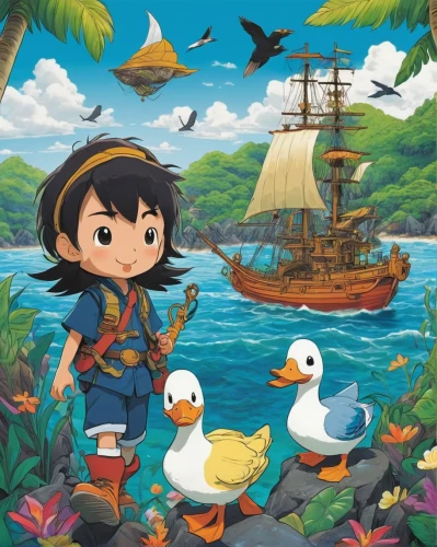 birds of the sea,lilo,moana,bird kingdom,game illustration,adventurer,mowgli,bird bird kingdom,mulan,cg artwork,hiyayakko,pirate,children's background,pirate treasure,studio ghibli,bird robin,sea scouts,jon boat,aquanaut,duck cub,Illustration,Japanese style,Japanese Style 17