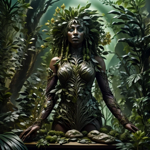 dryad,the enchantress,mother earth statue,background ivy,poison ivy,medusa gorgon,crocodile woman,medusa,artemisia,rusalka,flora,fantasy portrait,mother nature,anahata,natura,jungle,cg artwork,warrior woman,mother earth,druid