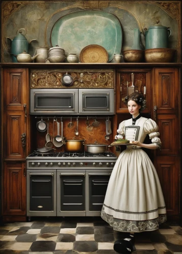 girl in the kitchen,victorian kitchen,vintage kitchen,doll kitchen,girl with bread-and-butter,kitchen,woman holding pie,the kitchen,cookery,kitchen cabinet,kitchenette,doll's house,kitchenware,victorian lady,china cabinet,antique background,big kitchen,kitchen stove,pantry,girl with cereal bowl,Illustration,Realistic Fantasy,Realistic Fantasy 35