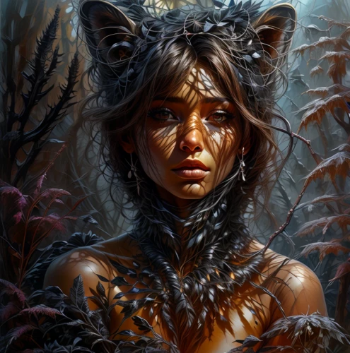 fantasy portrait,dryad,feral,huntress,fantasy art,the enchantress,shamanic,feline,faun,faerie,faery,feral cat,masquerade,mystical portrait of a girl,thorns,shaman,undergrowth,sorceress,symbiotic,fantasy picture