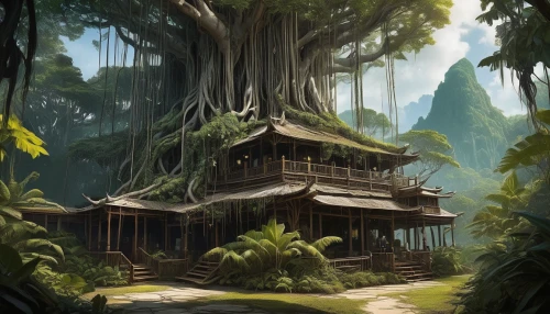 asian architecture,hanging temple,house in the forest,tree house,tigers nest,thai temple,chinese temple,ancient house,treehouse,bamboo forest,buddhist temple,tree house hotel,silk tree,tropical house,fantasy landscape,pagoda,rainforest,bodhi tree,southeast asia,hawaii bamboo,Conceptual Art,Sci-Fi,Sci-Fi 05