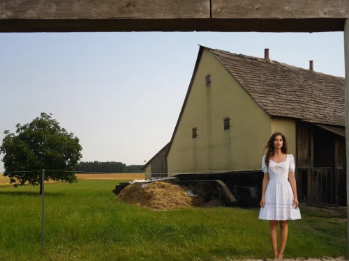 field barn,barn,round barn,country dress,barns,gable field,farmstead,old barn,digital compositing,grain field panorama,farmhouse,farm background,farm girl,girl in a long dress,american gothic,red barn,girl in white dress,countrygirl,mirror in the meadow,suitcase in field