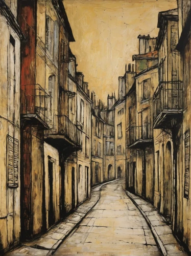 arles,the cobbled streets,braque saint-germain,watercolor paris,aix-en-provence,narrow street,townscape,medieval street,street scene,braque d'auvergne,townhouses,row of houses,l'isle-sur-la-sorgue,mauriac,bora french,braque francais,italian painter,the street,david bates,cobblestones,Art,Artistic Painting,Artistic Painting 01